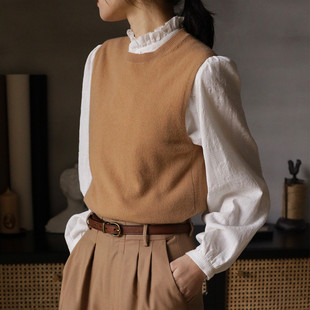 秋冬薄款软糯山羊绒背心女圆领针织内搭打底上衣叠穿无袖毛衣马甲