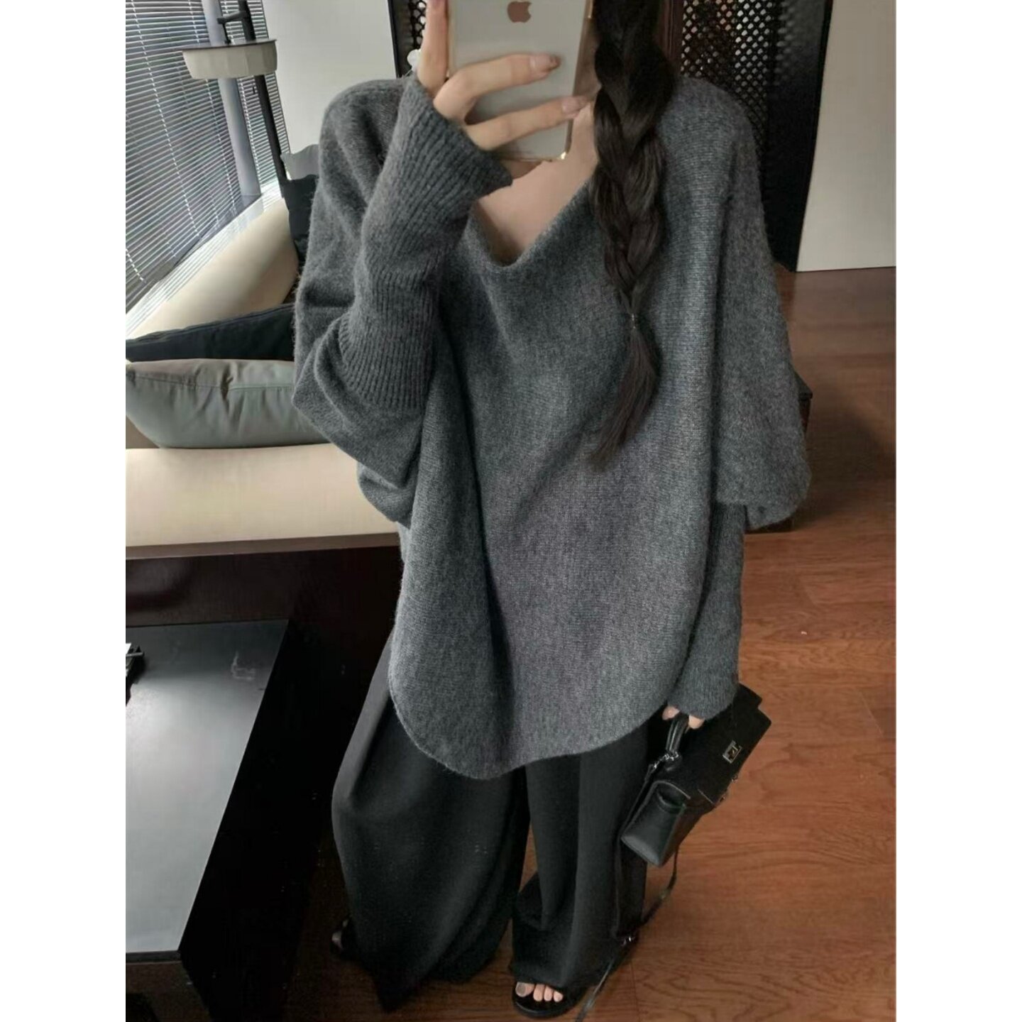 100%纯羊毛蝙蝠袖不规则针织衫女秋冬季大码宽松中长款一字领毛衣