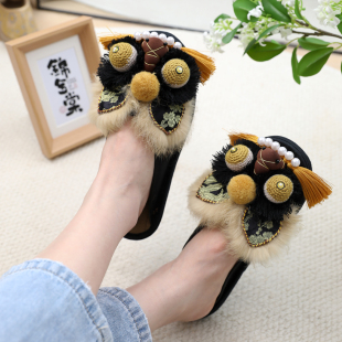 锦兮棠纯手工千层底虎头鞋拖鞋国潮非遗老虎鞋布鞋半拖女鞋黑金棕