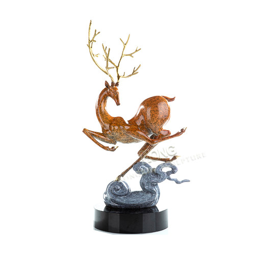 铜雕一鹿高升JD179BC高档斑斓彩工艺品酒关玄柜书房家居桌面摆件
