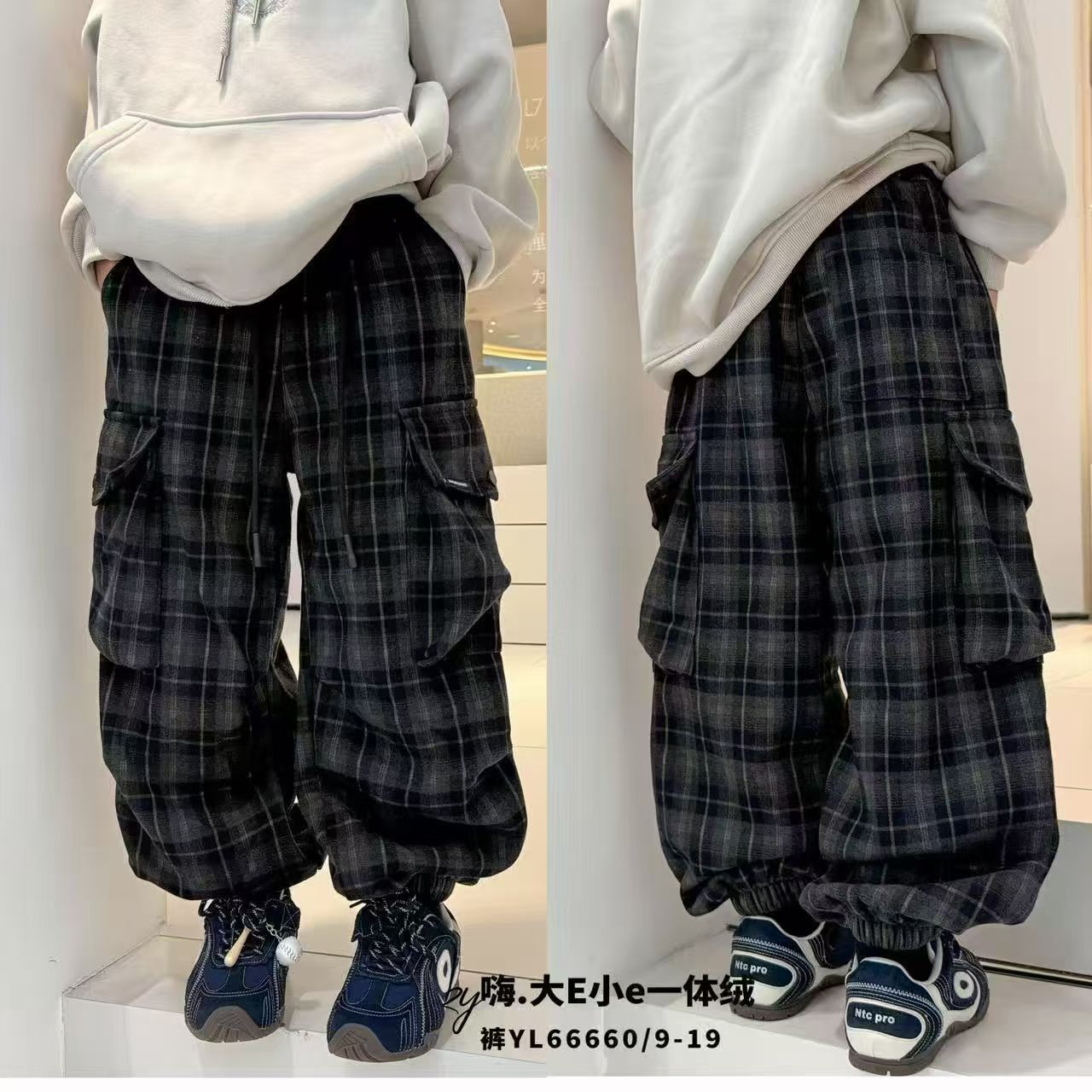 大E小e童装加绒一体绒格子休闲裤