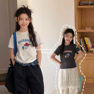 大E小e童装2026夏新款女童洋气蘑菇烫钻短款上衣韩版短袖T恤8107