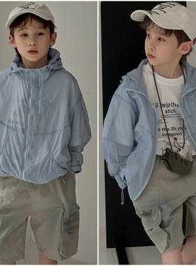 乔贝乐2025夏款男童女童连帽纯色拉链宽松休闲防晒衣薄外套80123