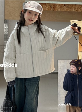 WOOSO童装2025冬新款女童韩版洋气格子拼接连帽保暖棉服外套55161