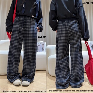 休闲裤 窄版 25188 2025冬女童复古格子一体绒宽松直筒裤 天依角童装