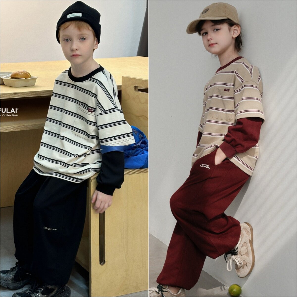 啦芙莱童装儿童条纹长袖t恤春秋季中大童假两件卫衣男童上衣8705