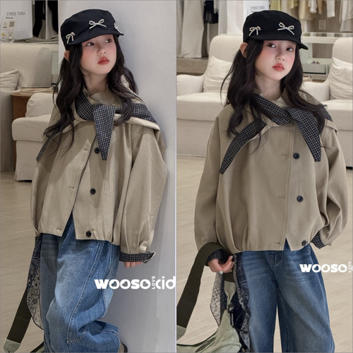 WOOSO吾束童装2026秋款韩版女童拼接帽宽松风衣潮流休闲外套81010