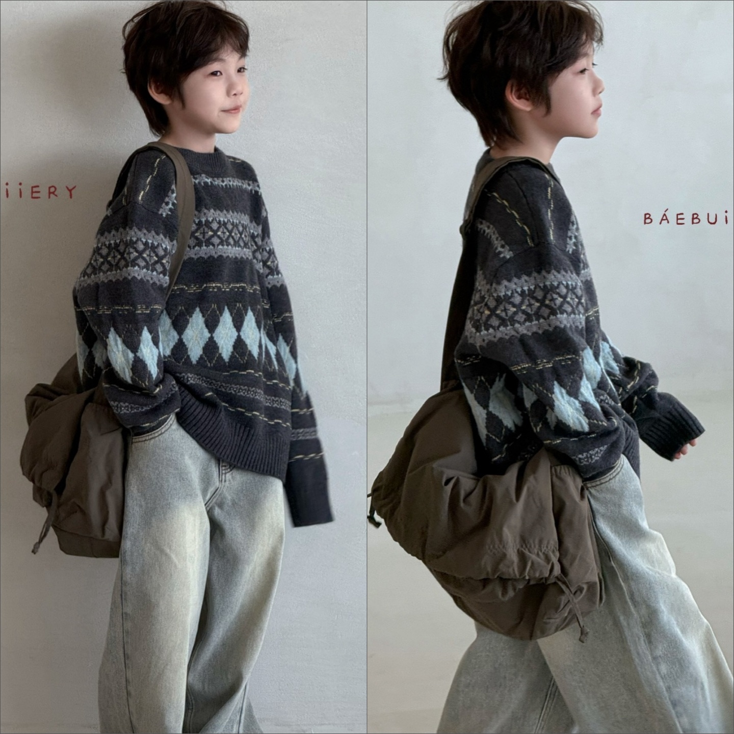 巴布瑞男童双面提花宽松针织衫