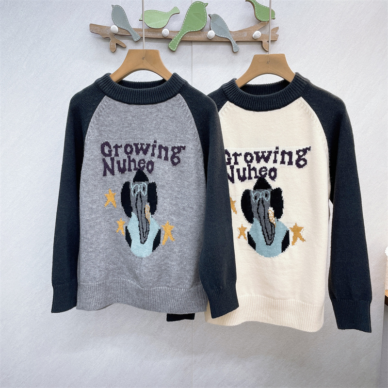 卡芙恰恰2024秋冬款男童女童插肩袖拼色毛衣中大童套头针织衫6211