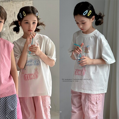 啦芙莱童装2026夏款女童发泡字母印花潮牌短袖T恤中大童上衣7583