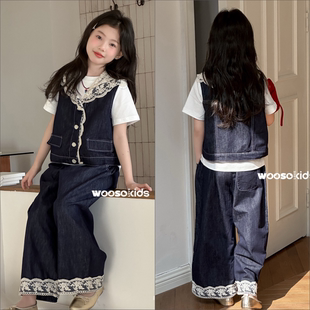 wooso童装2026春女童短袖+牛仔马甲+阔腿裤三件套中大童套装33355