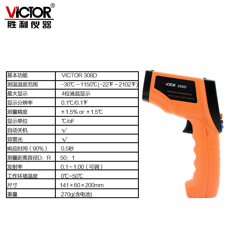 胜利仪器VC308D 手持式高精度红外线测温仪测温枪 工业级