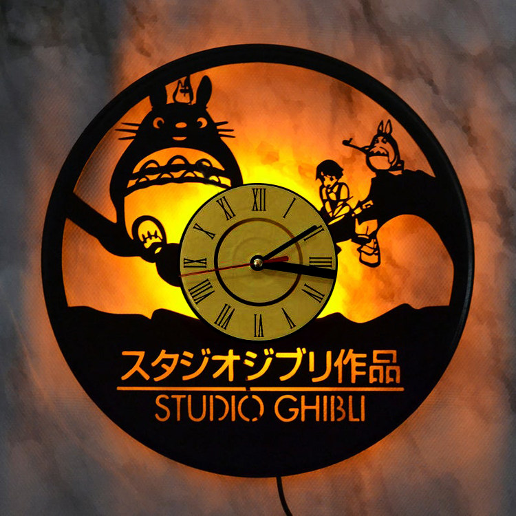 跨境爆款 龙猫黑胶唱片挂钟LED夜灯遥控多色 Totoro创意时钟礼品