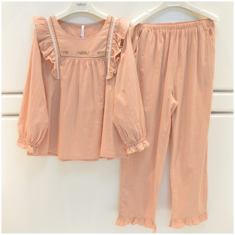 安之伴妮可雅睡衣春夏女士梭织纯棉圆领甜美可爱淑女长袖薄家居服