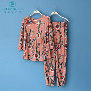 休闲女薄家居服套 长裤 秋鹿睡衣专柜2020夏季 女梭织人棉印花八分袖