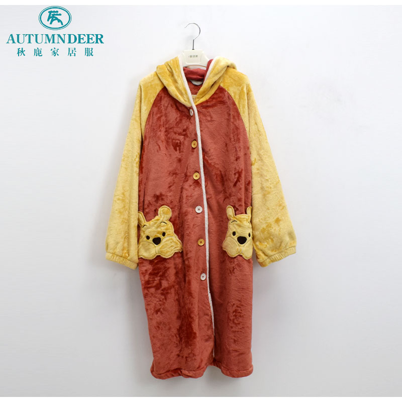 秋鹿睡衣2022秋冬新款女法兰绒连帽珊瑚绒加厚保暖卡通小熊家居服
