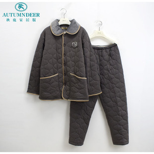 秋鹿睡衣冬季男士针织单面夹棉披贝贝绒扣领加厚保暖棉袄男家居服