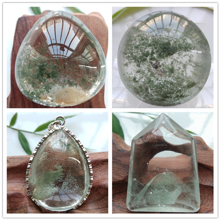 天然绿幽灵水晶吊坠滴水长方椭圆形平安无事牌银饰镶嵌裸石挂坠CM