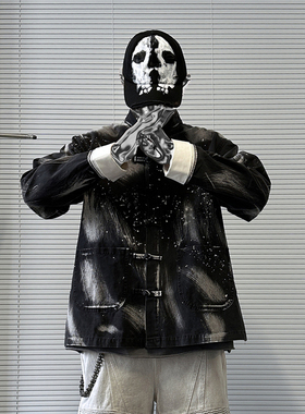 WIIPSOLID 复古朋克刷漆泼墨dirtyfit风格新中式唐装夹克外套男女