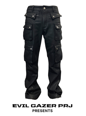 EVIL GAZER暗黑色opium微喇叭多口袋拉链修身涂层刷蜡亮面长裤男