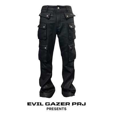 EVIL GAZER暗黑色opium微喇叭多口袋拉链修身涂层刷蜡亮面长裤男