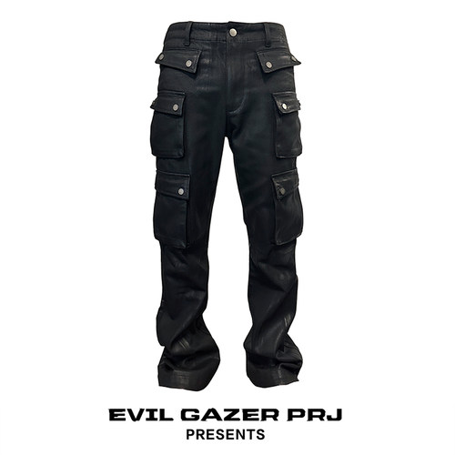 EVIL GAZER暗黑色opium微喇叭多口袋拉链修身涂层刷蜡亮面长裤男