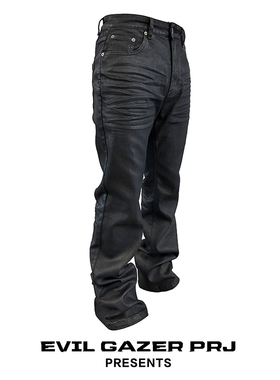 EVIL GAZER暗黑色opium微喇叭立体猫须涂层刷蜡亮面牛仔长裤