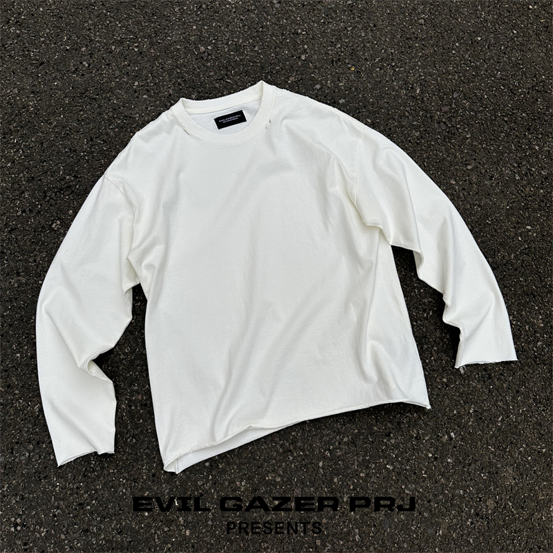 EVIL GAZER 水洗vintage打底纯色内搭宽松磨破卷边长袖T恤男
