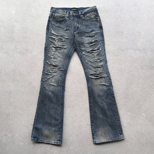 EVIL GAZER 蛇纹拼皮dirtyfit刀割破洞微喇叭做脏修身低腰牛仔裤