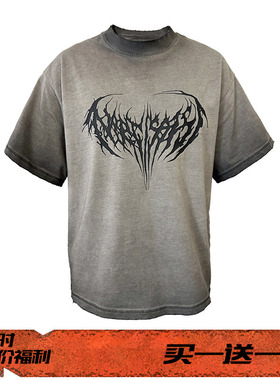 EVIL GAZER 复古dirtyfit脏染水洗磨破T恤男 opium暗黑风印花短袖