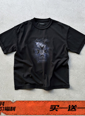 EVIL GAZER复古做旧vintage骷髅十字架印花铁锈黑宽松短袖T恤tee