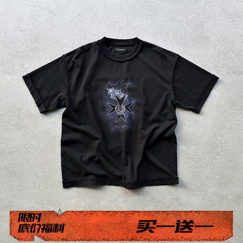 EVIL GAZER复古做旧vintage骷髅十字架印花铁锈黑宽松短袖T恤tee