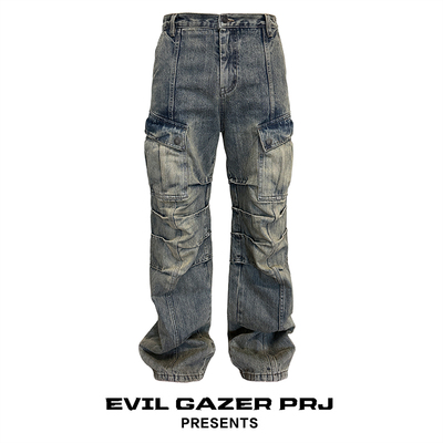 EVIL GAZER “魔脊”褶皱阔腿直筒黄泥染做旧竹节纹牛仔裤长裤
