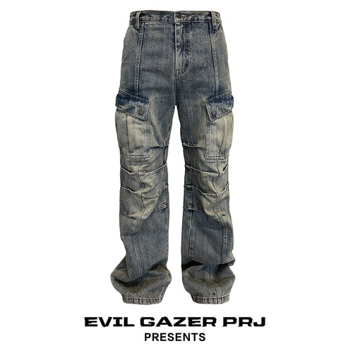 EVIL GAZER “魔脊”褶皱阔腿直筒黄泥染做旧竹节纹牛仔裤长裤