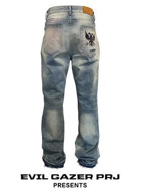 EVIL GAZER 复古newvintage微喇直筒破洞黄泥染做旧牛仔长裤