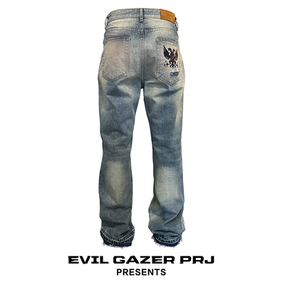 EVIL GAZER 复古newvintage微喇直筒破洞黄泥染做旧牛仔长裤
