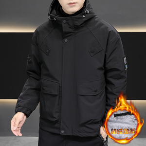 店主风工装加绒夹克难棉衣男连帽大口袋防风冲锋外套红色9830P105,港风牛仔裤搭配学生图片