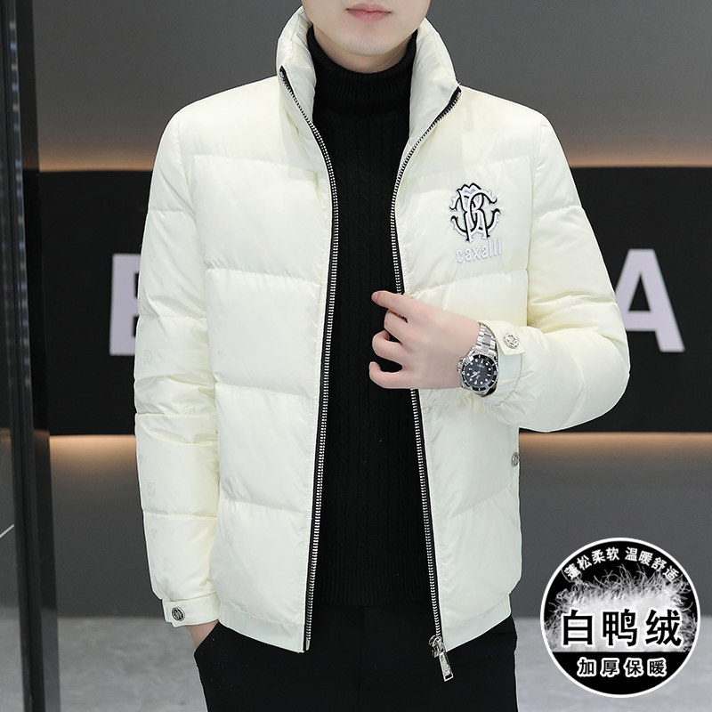 冬简欧羽绒服暗花刺绣亮面90%白鸭商务立领厚外套黑Y9181P280,男装羽绒服,星座1207