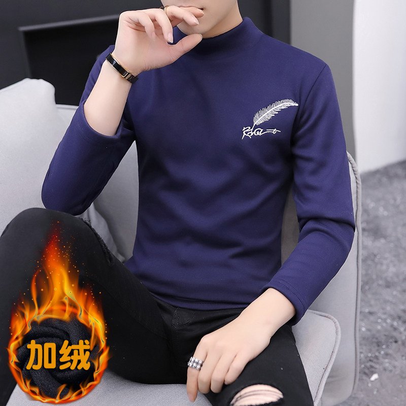 冬季半高领刺绣卫衣男内衣休闲加绒加厚保暖打底羽毛套头黑316P20,男装卫衣,星座1207