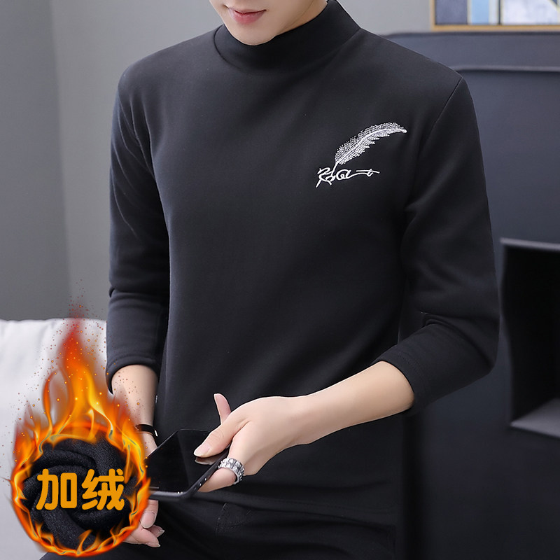 冬季半高领刺绣卫衣男休闲加绒加厚保暖打底衫羽毛套头316加绒P20,男装卫衣,星座1207