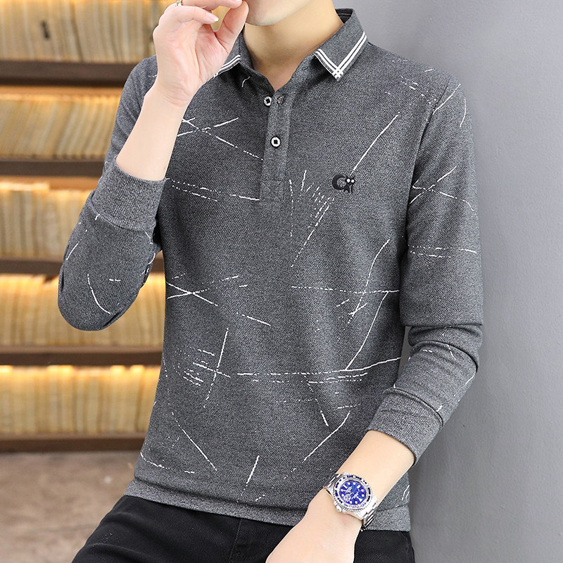 春季韩版长袖商务polo衫男棉t恤卫衣男翻领衬衫领灰色9660P35，男装Polo衫，星座1207