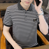 夏季舒适翻领商务条纹POLO衫简欧版字母休闲刺绣收口黑色8543P37，男装Polo衫，星座1207