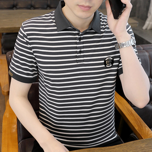 夏季舒适翻领商务条纹POLO衫简欧版字母休闲刺绣收口黑色8543P37图片