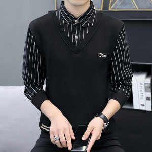 秋冬长袖毛衣男套头假两件条纹衬衫男J刺绣商务翻领针织黑M292P30