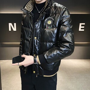 冬季简欧洲站羽绒服刺绣亮面90%白鸭商务立领厚外套黑色Y9183P280,橘红马面裙搭配图片