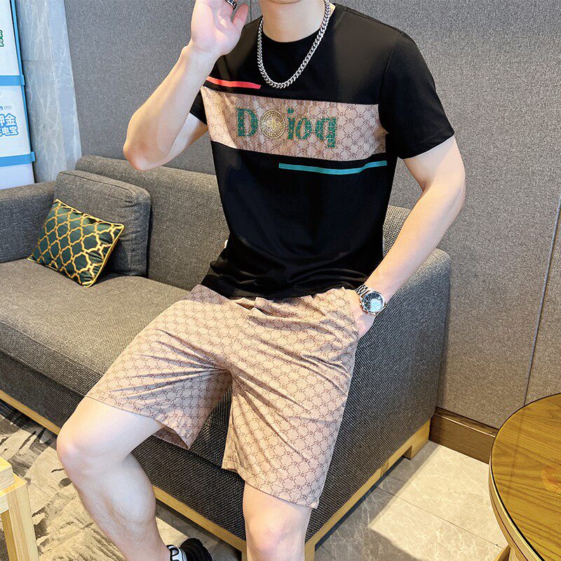 夏季透气运动休闲套装百搭圆领社会潮流简欧版短袖短裤黑9372P60图片