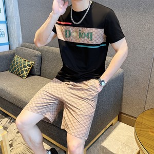 夏季透气运动休闲套装百搭圆领社会潮流简欧版短袖短裤黑9372P60图片