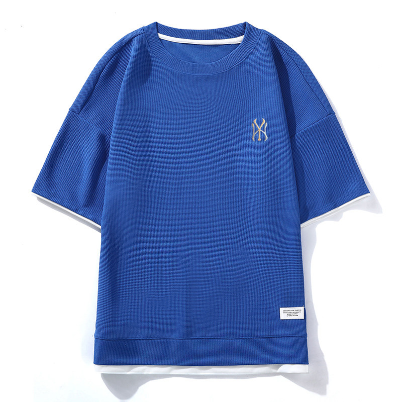 夏季透气N刺绣华夫格短袖男半袖五分袖宽松落肩款简约蓝色8560P22，男装T恤，星座1207
