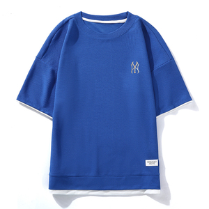 夏季透气N刺绣华夫格短袖男半袖五分袖宽松落肩款简约蓝色8560P22,男装T恤,星座1207