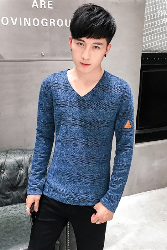 常年款春秋外贸长袖卫衣男韩版男修身大码网格打底衫蓝上衣K01P22,男装卫衣,星座1207